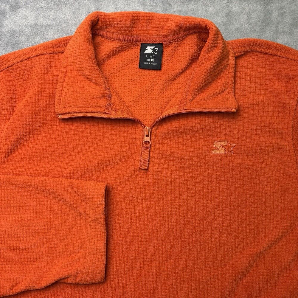 Mens Orange Starter Fleece 1/4 zip Pullover Medium Waffle‎ Weave Vtg